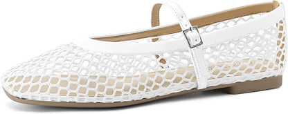 Women‘s Mesh Ballet Flats Comfortable Square Toe Ballerina Flats Buckle Strap Casual Fishnet Flat Shoes