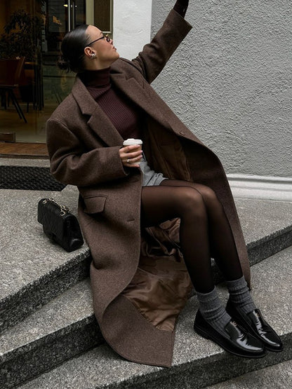 Women Elegant Shoulder Pad Wool Blend Overcoat Brown Lapel Single-breasted Long Sleeve Coat 2025 Autumn Lady Commuter Outerwear