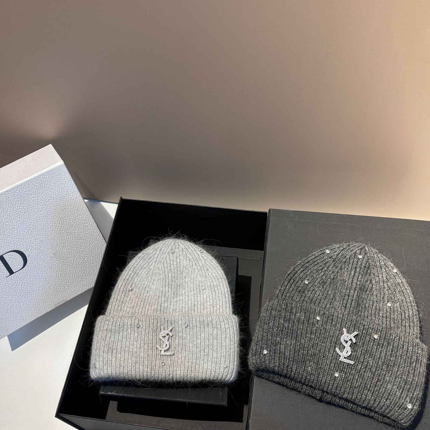 Rhinestone Decor Rabbit Fur Knitted Hat Warm Ear Flap Beanie for Women Luxury Soft Slouchy Cap Face Slimming Design