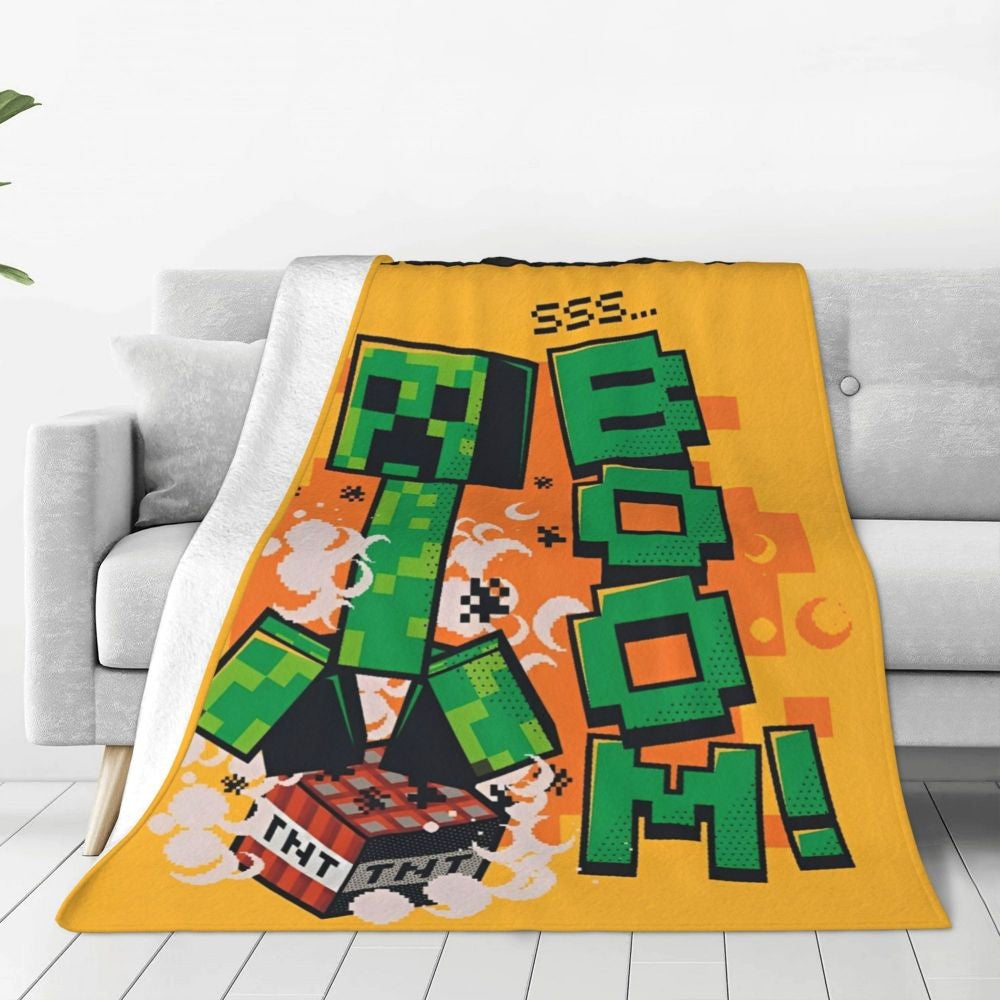Cartoon Mines Pixel Game Crafts Flannel Blanket Super Warm Throw Blanket for Home Decor Decorative Street Trend Bedspread