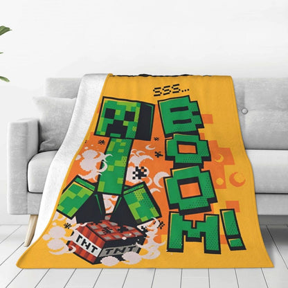 Cartoon Mines Pixel Game Crafts Flannel Blanket Super Warm Throw Blanket for Home Decor Decorative Street Trend Bedspread