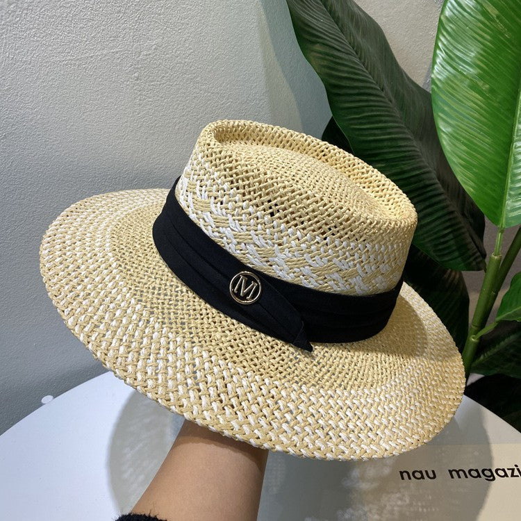 Chapéu de Palha Feminino de Verão Chapéu de Sol Luxuoso Feminino Chapéu de Praia de Proteção Solar da Moda Chapéu Panamá Francês Chapéu Raff de Aba Larga com Topo Abaulado