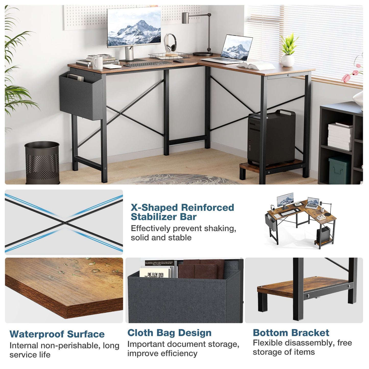 JHK Gaming Corner 50 Inch Office Writing PC Wooden Table with CPU Storage Shelf & Side Bag for Home Office Bedroom Small Space