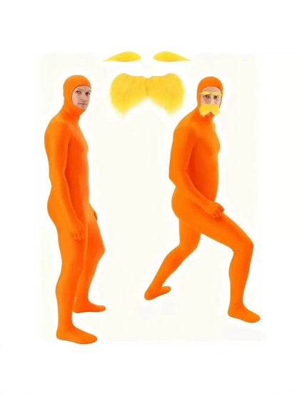 Halloween Orange Zentai Suit Open Face Full Body Bodysuit with Yellow Mustache Eyebrow for Adult Kid Cosplay Party Costume