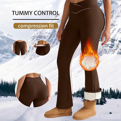 Women's Fleece-Lined Flare Pant Cross-Waist Design Thickened Winter Warm High-Waisted Tummy Control Lifting Leggings Casual Wear