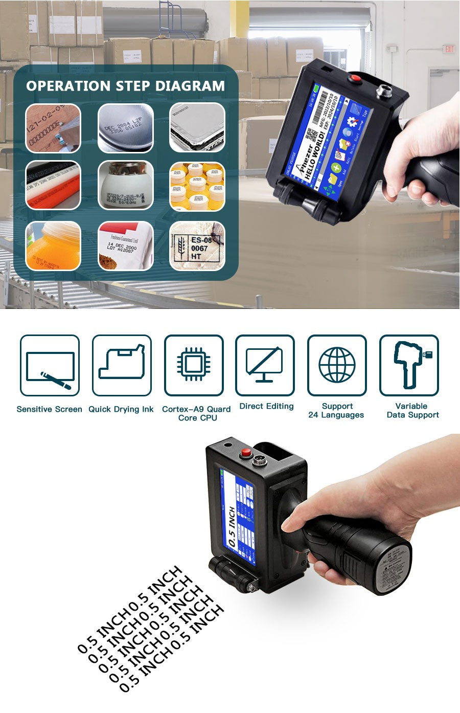Phezer P15 12.7mm Label Printer QR Bar Batch Code Date Number Logo Expiry Date Handheld Inkjet Printer 28 Languages Portable