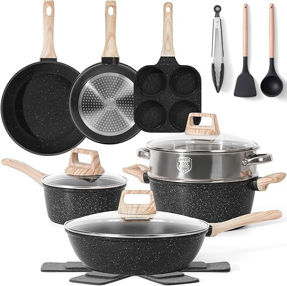 Conjunto de 17 Panelas Antiaderentes para Cozinha, Conjunto de Utensílios de Cozinha Antiaderentes, Panelas de Indução Não Tóxicas, Ferramentas de Culinária de Granito Preto com