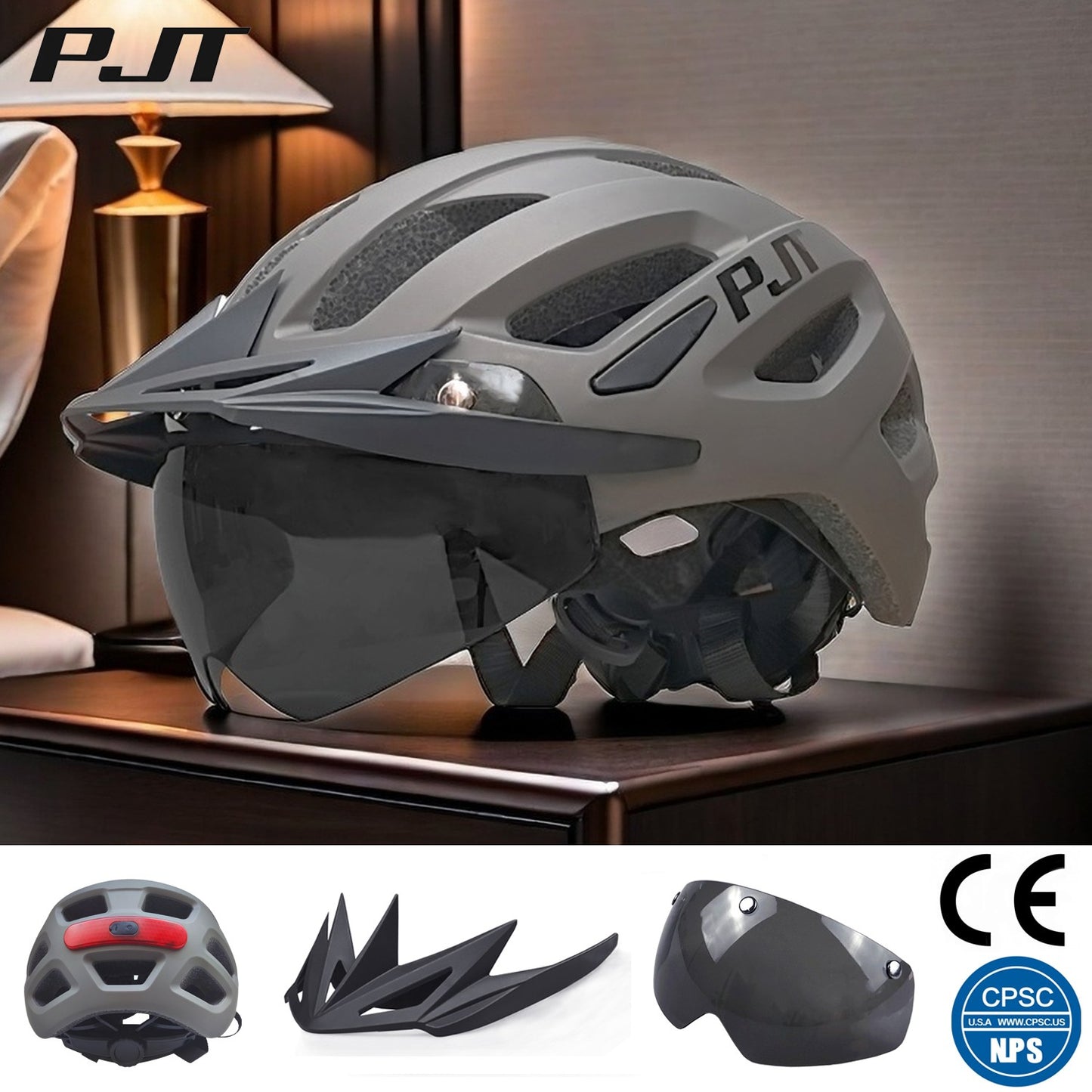 PJT Adult Bike Helmet With Rechargeable LED Rear Light Dual Mode Goggle Cycling Helmet MTB Lightweight Breathable Bicycle Helmet