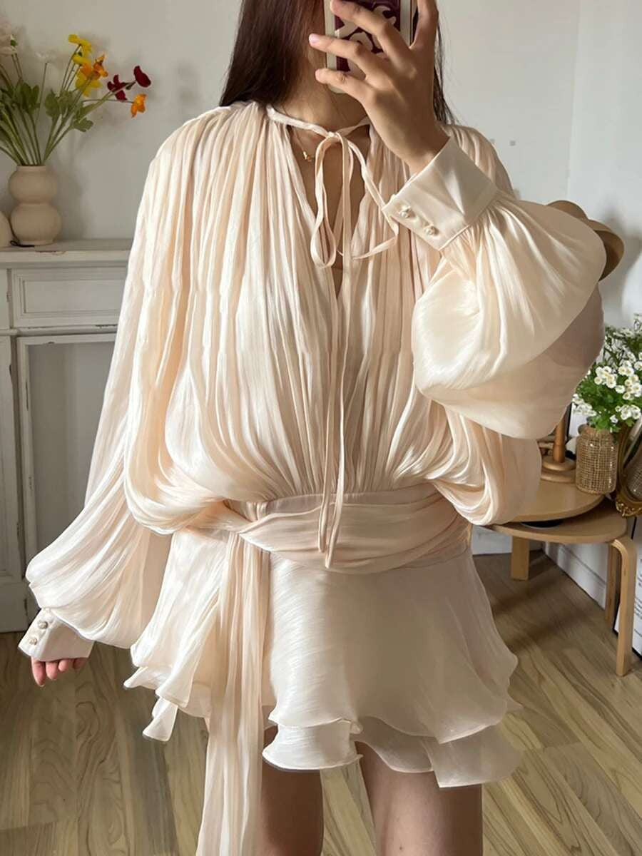 TWOTWINSTYLE Solid Blouse Mini Dresses For Women V Neck Long Sleeve Spliced Lace