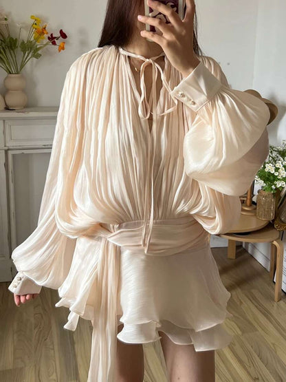 TWOTWINSTYLE Solid Blouse Mini Dresses For Women V Neck Long Sleeve Spliced Lace