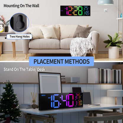 16" Large Digital Wall Clock, Big LED Display with Remote, 8 RGB Color, Alarm, DST, Temperature for Living Room, Kitchen