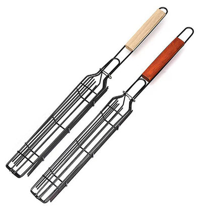 Stainless Steel Barbecue Grill Cage with Wooden Handle Picnic Kitchen Tools BBQ Basket for Fish Shrimp Vegetables Hot Dog