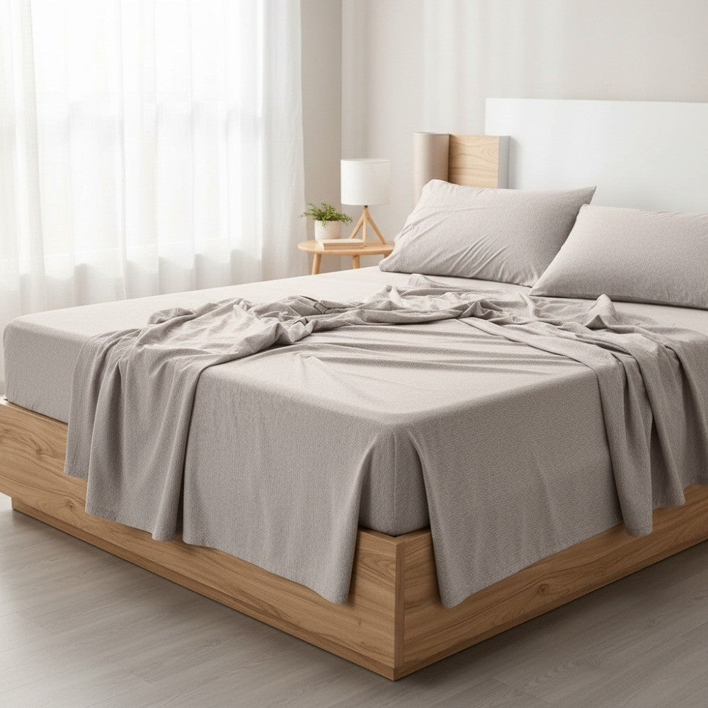 King Jersey Knit Sheet Set 4-Piece - Soft Stretchy Cotton Blend Bedding in Heather Oatmeal