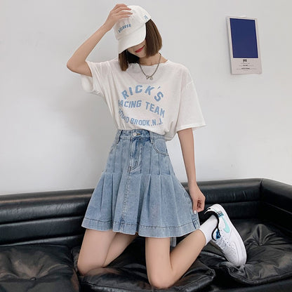 New Summer 2024 Plus Size Denim Skirt Women High Waist Pleated Large Size A Line Mini Jean Skirt Women Streetwear Saia Hot Sale