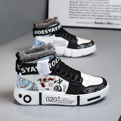 Mens Board Shoes 2025 Winter New High Top Winter Warm Casual Sports Shoes Flat Cotton Comfortable Outdoor Walking Shoes for Men