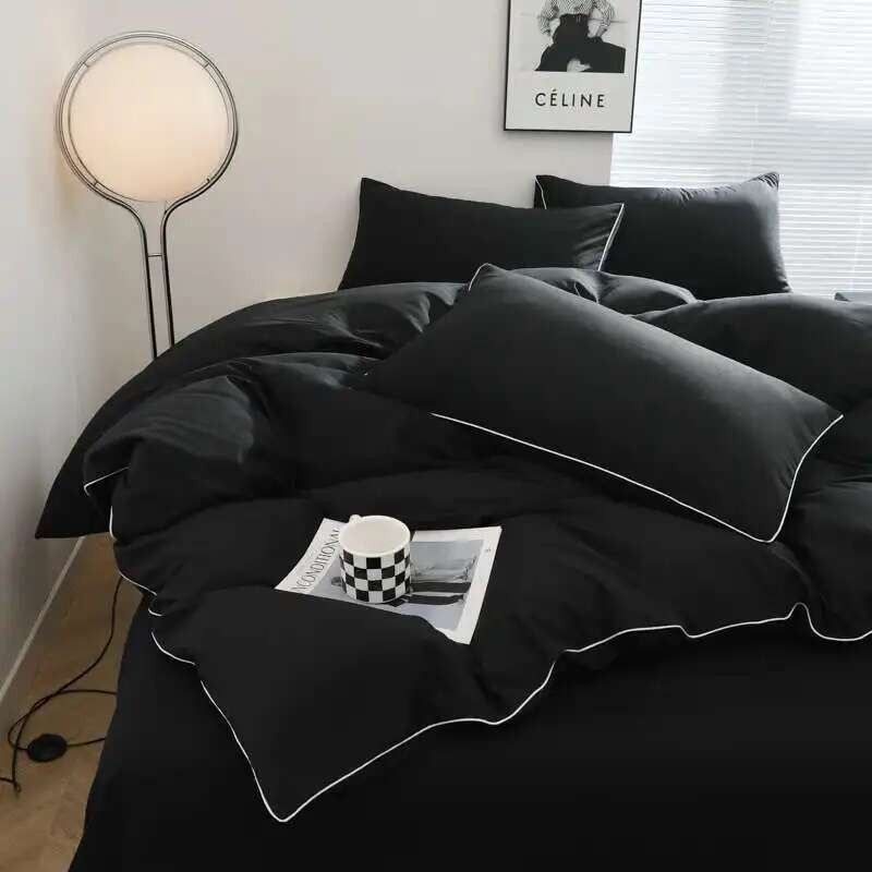 Black Bedding Set - Minimalist Queen/King Size Quilt Set 100% Cotton Plain Bed Cover Full Set (Includes Pillowcases)?