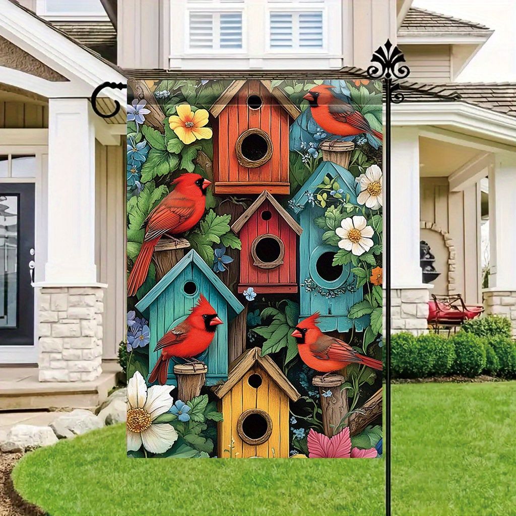 1pc Vibrant Cardinal Birdhouse Garden Flag - Double-Sided Polyester Lawn Flag, 11.81 x 17.72 Inches, Colorful Spring Nest Box De