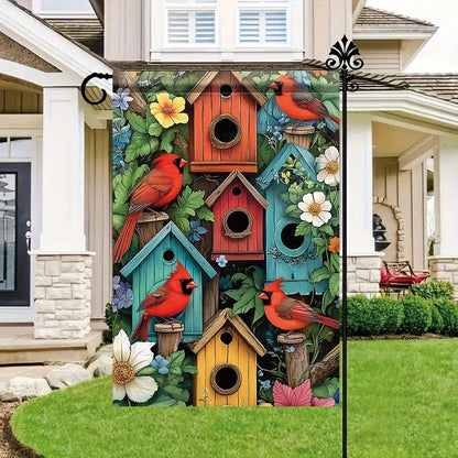 1pc Vibrant Cardinal Birdhouse Garden Flag - Double-Sided Polyester Lawn Flag, 11.81 x 17.72 Inches, Colorful Spring Nest Box De