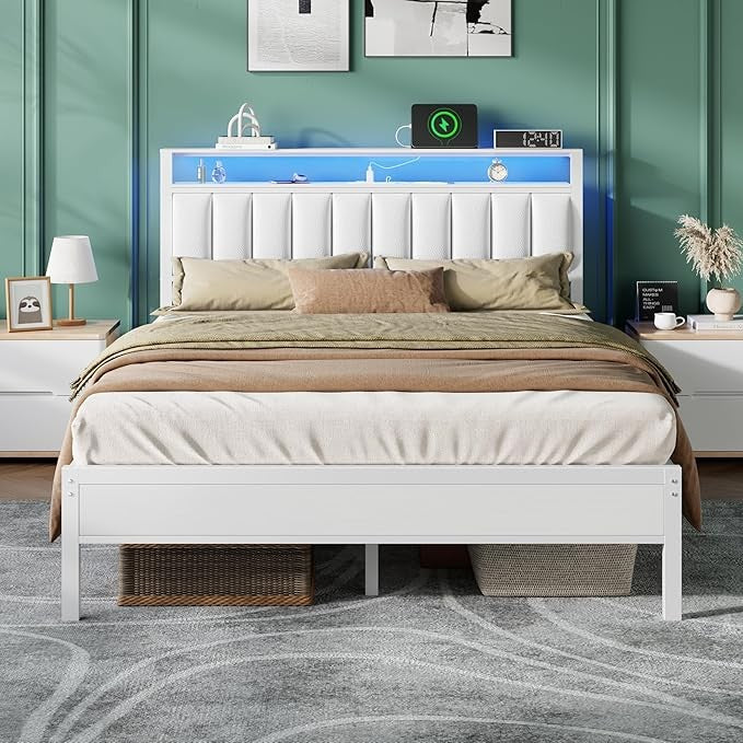 Queen Size Bed Frame with Charging Station and LED Lights, Platform Bed with Metal Slats, Grey Upholstered Headboard wi