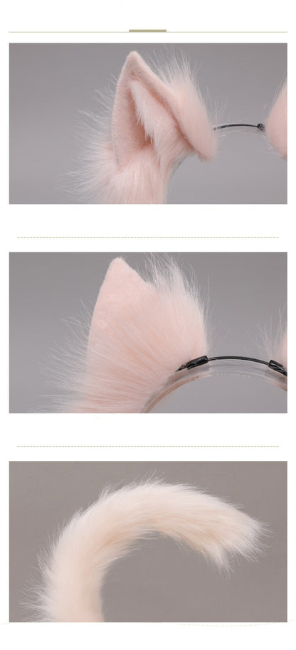 2Pcs/set Plush Cat Ears Tail Set Realistic Lolita Headband Cat Tail Cosplay Props Hand-made Simulation Animal Ears