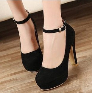 Large Size 42 Sexy Super High Heels Shoes for Women Ankle Buckle Chunky Platform Pumps Woman Black Flock Square Heel Party Shoes