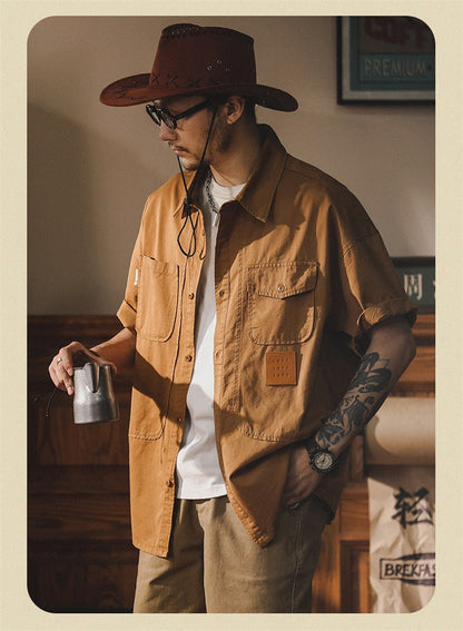 2025 Summer Men's Multi-pocket Oversized Short Sleeve Shirts High Street Fashion Cargo T-shirt New American Casual Y2K Shirt