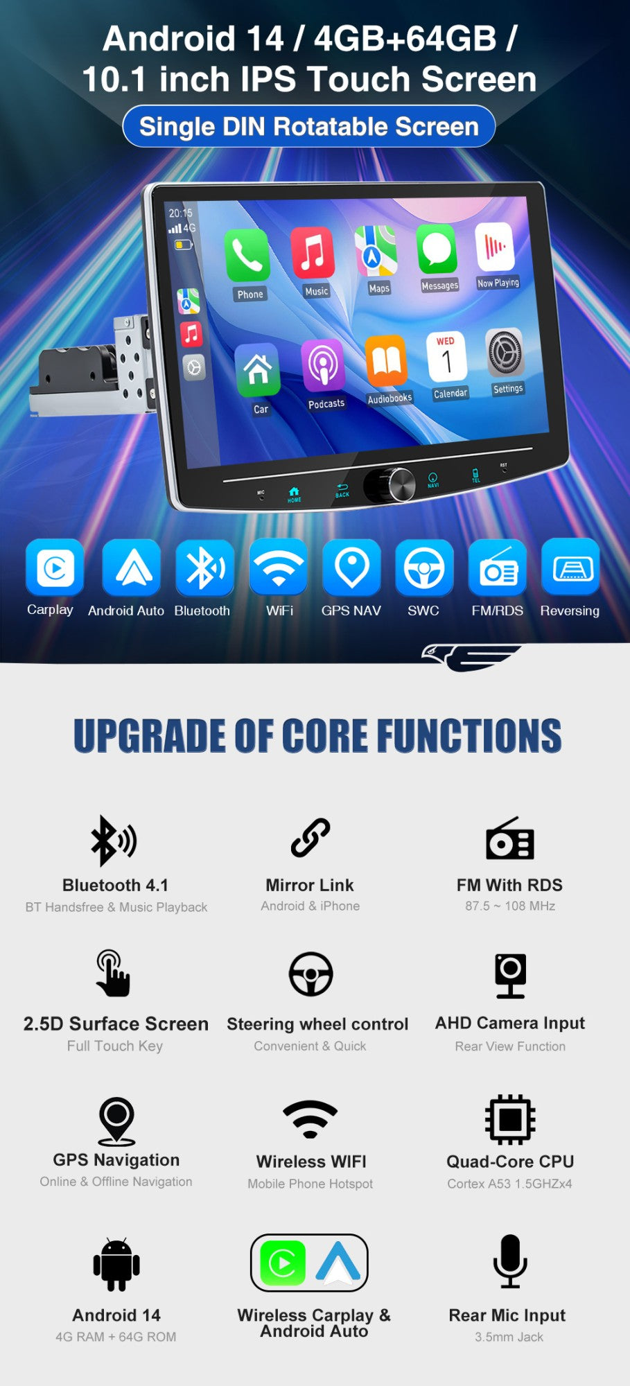ESSGOO Single 1 Din Android 14.0 Rotatable 10.1" Apple Carplay Car Stereo Radio Player GPS Navi WIFI Wireless Android Auto FM BT