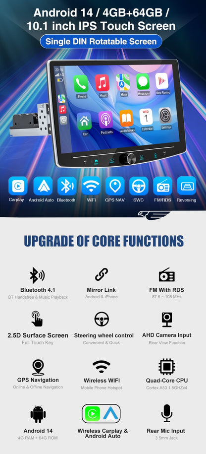 ESSGOO Single 1 Din Android 14.0 Rotatable 10.1" Apple Carplay Car Stereo Radio Player GPS Navi WIFI Wireless Android Auto FM BT