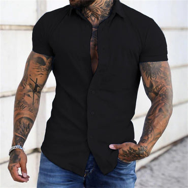 Short sleeved lapel shirt elastic thin solid color sports casual cardigan business no iron shirt oversized xs-4xl