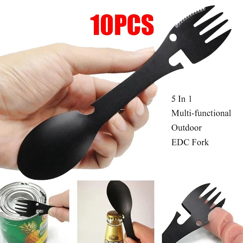 Outdoor Multi-functional 5-in-1 EDC Camping Survival Tool Stainless Steel Fork Knife Spoon Can Opener Bottle Opener Wrench