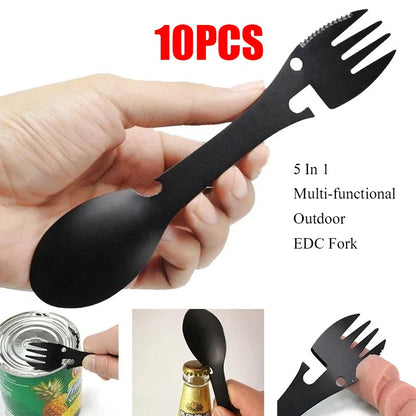 Outdoor Multi-functional 5-in-1 EDC Camping Survival Tool Stainless Steel Fork Knife Spoon Can Opener Bottle Opener Wrench