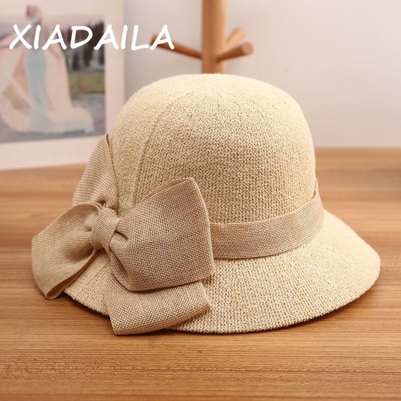 2021 fashion summer Women's bucket hat Straw made Bow hand-made straw hat foldable parent-child Panama hat children beach sun vi