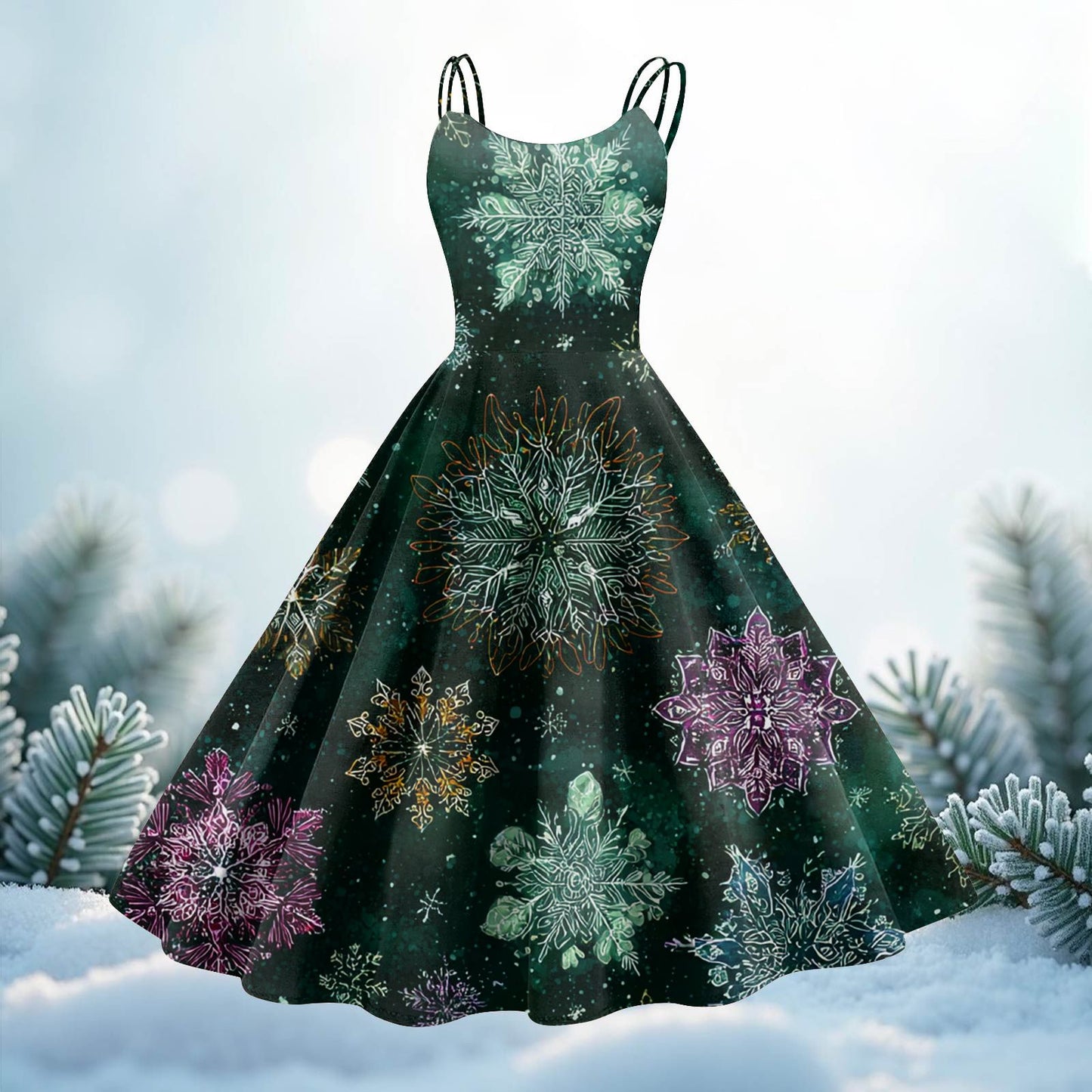 High Quality Cute Women's Casual Fashion Round Neck Christmas Print Mid-Length Dress Pretty Sweet Christmas Suspender Dress