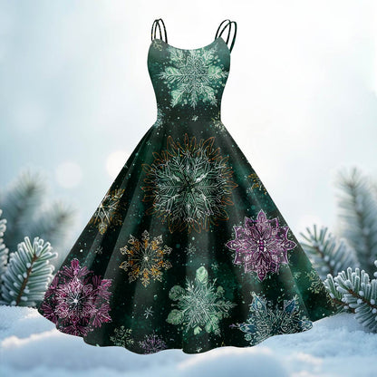 High Quality Cute Women's Casual Fashion Round Neck Christmas Print Mid-Length Dress Pretty Sweet Christmas Suspender Dress