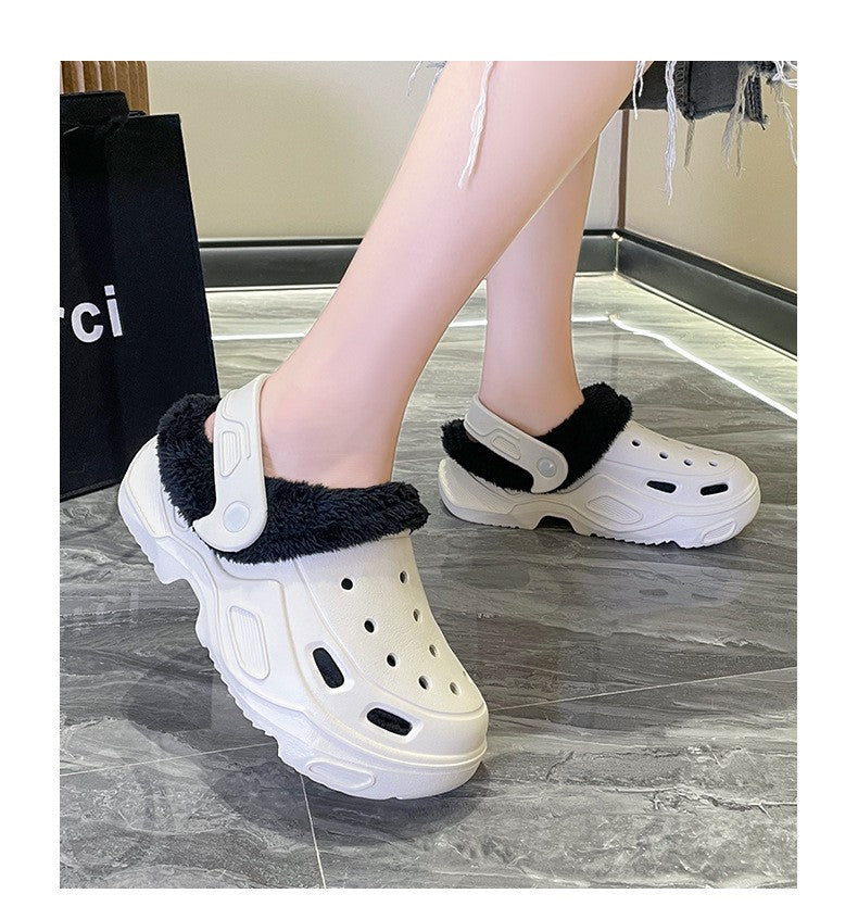 Plush slippers 2025 new winter men's and women's thick high heels soft-soled beach garden shoes home plush ripped slippers