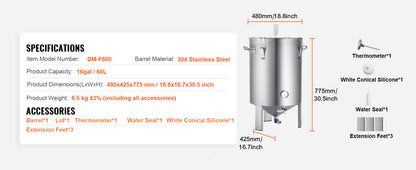 SucceBuy 8 16 GAL Fermentador de Cerveja Brew Bucket Fermentador para Cerveja Suprimentos para Cerveja Artesanal com Base Chaleira Panela Grande