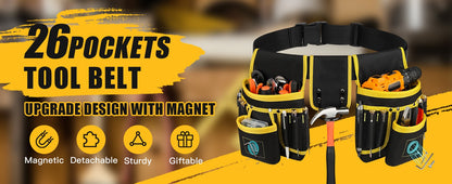 Cinto de ferramentas magnético masculino XMSJ, bolsa de ferramentas reforçada com 26 bolsos, coldre de pistola magnético, destacável e ajustável para pregos, suporte de cintura