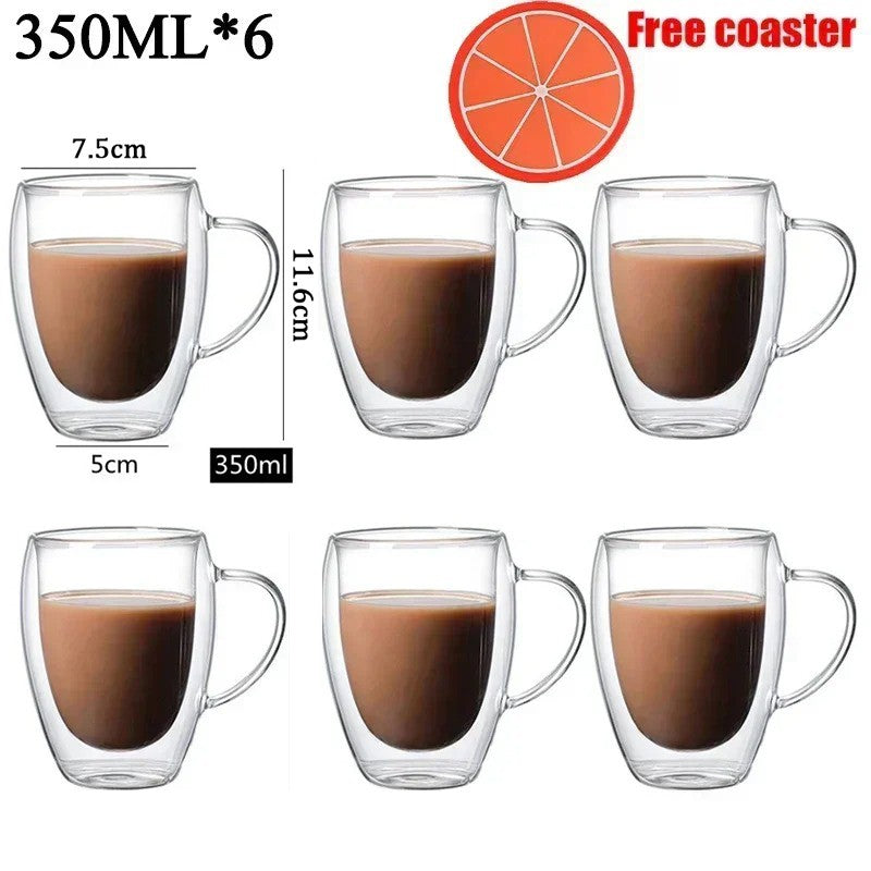 Caneca transparente de parede dupla 2-6 peças Copo de café e leite de vidro borossilicato alto resistente ao calor para casa e escritório