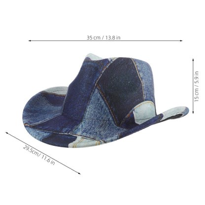 Western Cowboy Hat 56-58cm Polyester Patchwork Vintage Denim Print Wide Brim Flat Top Costume Cosplay Party Western Cowgirl Hat