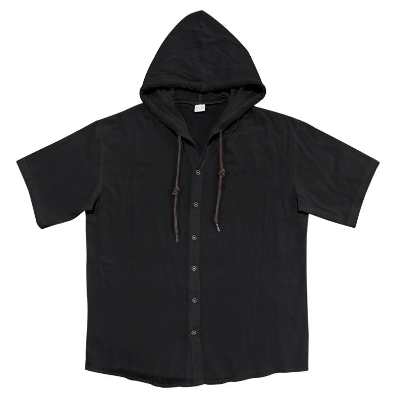 Summer cotton linen men's short sleeved shirt in US size solid color hooded casual T-shirt plus size men's clothing