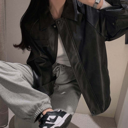 Sli Loose PU Leather Jaet Women's Chic Retro Collar Versatile BF Sle Motorcycle Clothes Trendy Long Sve Zipper