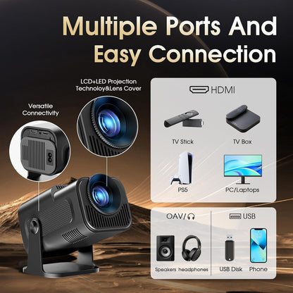 KaiAqua Mini Projetor HY320 NTV Android 13 com Amlogic S950D4 1080P 500 ANSI Lumens, WiFi Duplo, BT5.2 e Comando por Voz para Home Theater