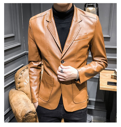 New Spring Men Slim Leather Blazers Jackets PU Leather Suits Coats Good Quality Male Business Casual Fit Suits Jackets Size 6XL