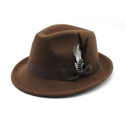 Bow-Knot Feather Hat Autumn and Winter Upturned Brim Hat Fashionable Men's and Women's Cashmere Felt Hat, Ethnic Style New Hat