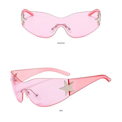 New Y2K Rimless Punk Sunglasses Goggle Women Men Luxury Brand Wrap Around Sun Glasses Five Star Eyewear Sports One Piece Shades
