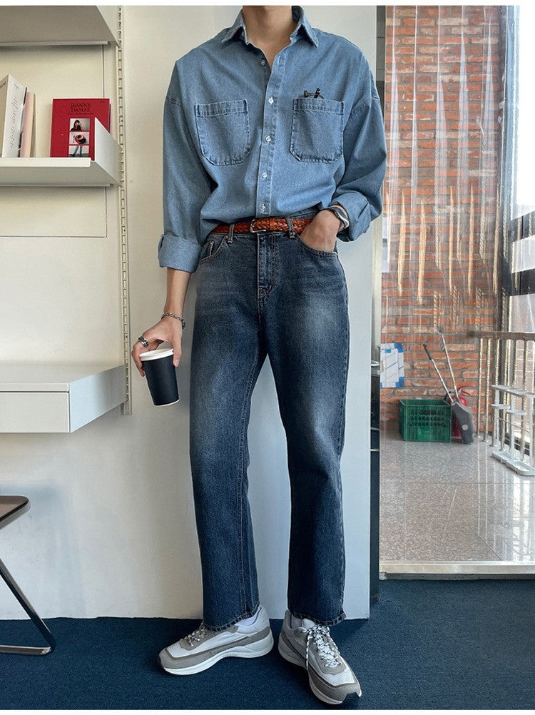 Spring Clothing Men's Denim Long-sleeved Pocket Shirt Casual Korean Turn down Button Streetwear Light Luxury Stylish 2025 New