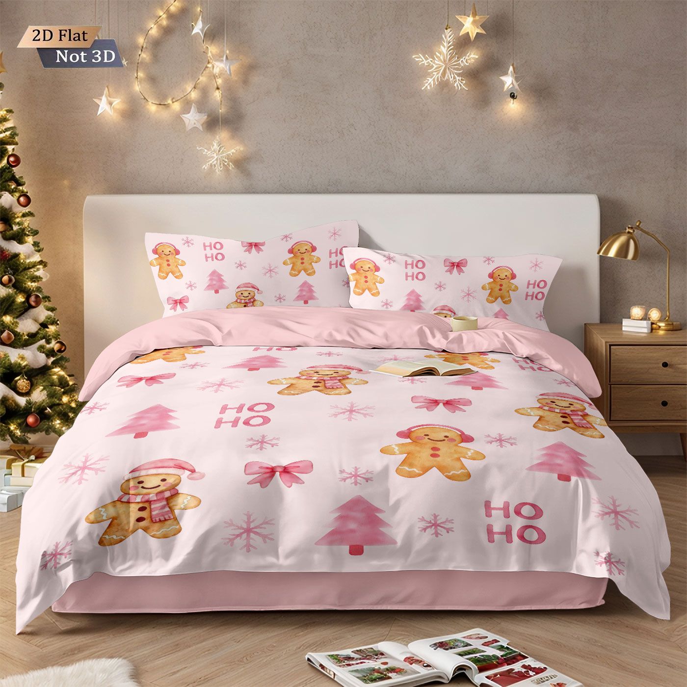3pcs pink Merry Christmas gingerbread printed coreless bedding set multi size bedroom bedding holiday decoration comfortable