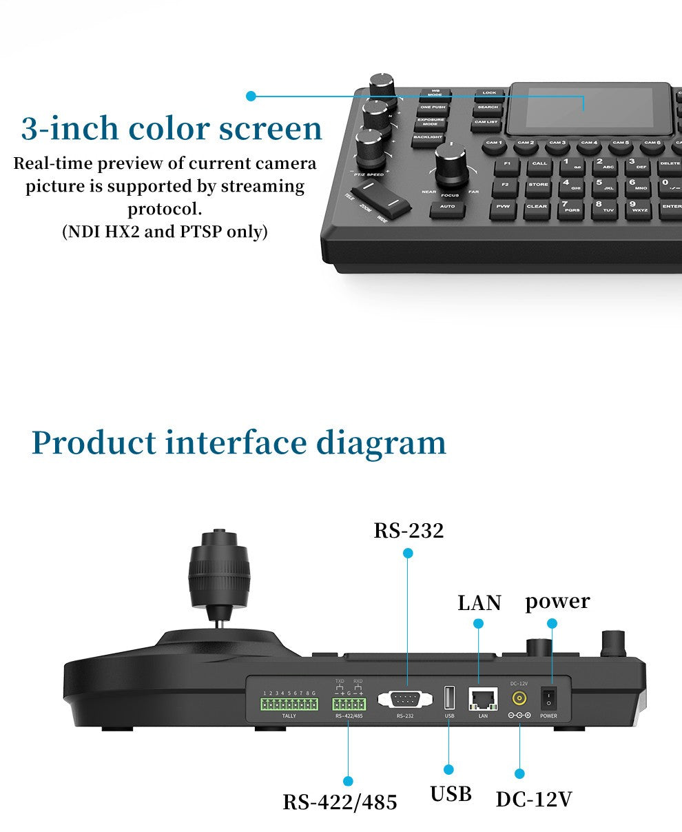 NDI 4D Joystick Keyboard 3-inch Color Screen Network Visca Pelco-D/P Protocol Rocker Console POE Camera Control Keyboard