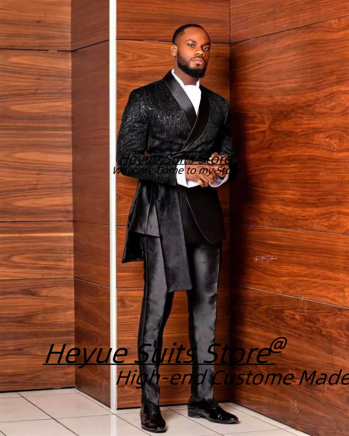 Customized Black Jacquard Shawl Lapel Jacket Pant Cape Groom Wedding Tuxedos Luxuly Male Prom Party Blazers Handsome Ropa Hombre