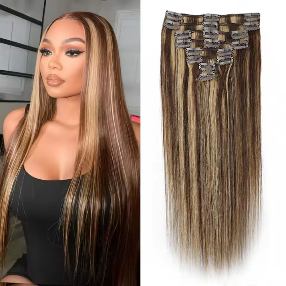 Highlight Straight Clip Ins Human Hair P4/27 100% Cabelo Humano Não Processado Presilhas De Cabelo Mais Grossas Ombre Extensões De Cabelo Virgem 8 Peças